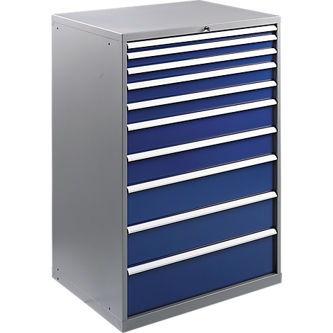 Gray metal cabinet with blue drawers. White handles. A lock on top.