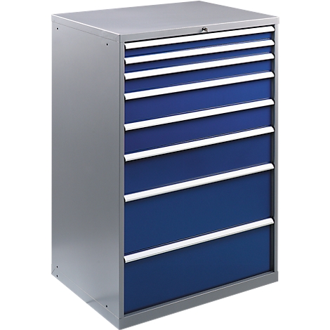 Gray tool cabinet with seven drawers, characterized by blue fronts and silver handles.