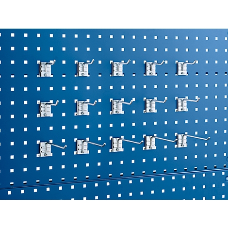 Blue perforated plate with hooks. The hooks are evenly spaced and silver in color.