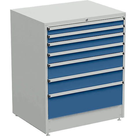 Tool cabinet with blue drawers and a silver body. The lock is at the top.