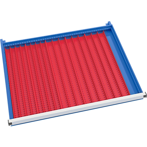A red drawer insert with vertical compartments in a blue frame.