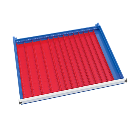 Red file organizer with blue borders and vertical dividers. White frame on the bottom.