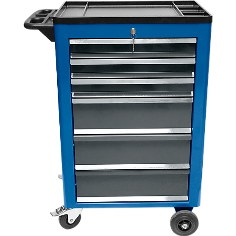 Blue tool cart with drawers. Key in lock.