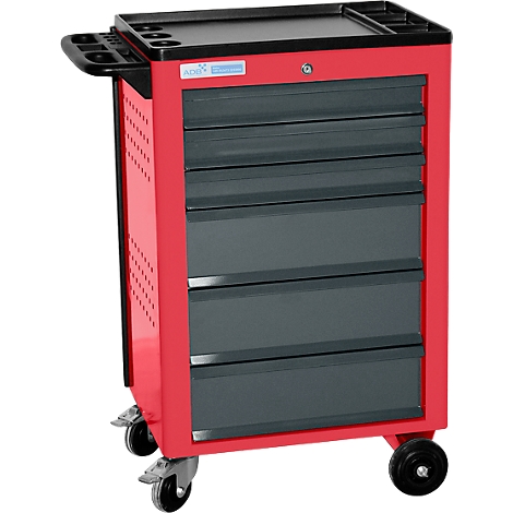 Red tool cart with gray drawers and wheels.