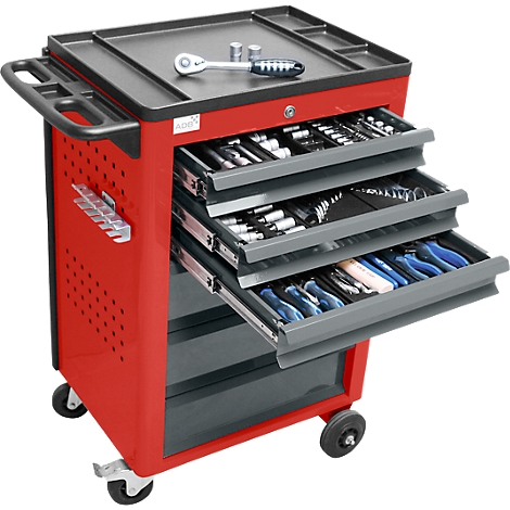 Red tool cart with open drawers filled with tools. Tools are on the shelf.