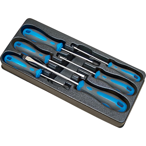 Six screwdrivers with blue and gray handles in a gray plastic holder.