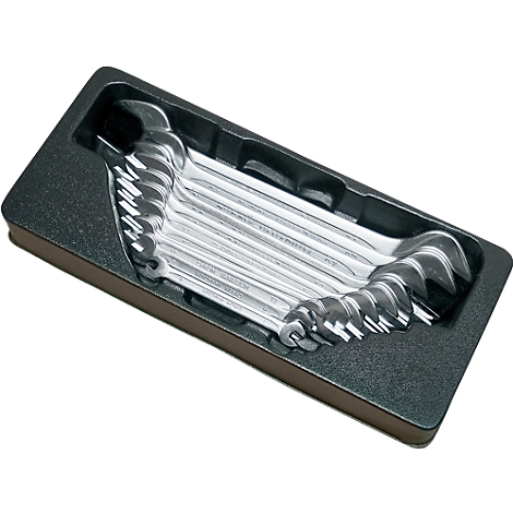 A set of chrome wrenches in a black plastic tray.