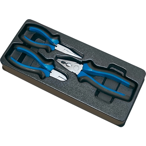 Three pliers with blue handles lie in a black foam insert.