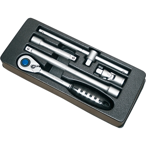 Tool set with wrenches and ratchet. Inlay made of black foam.