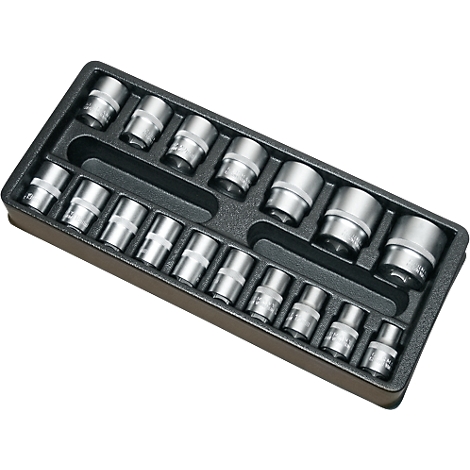 A set of metal sockets in a black insert.