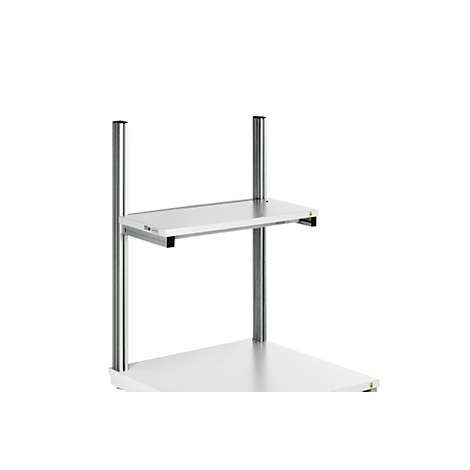 A white shelving system with two levels and metal poles. The upper shelf is suspended.