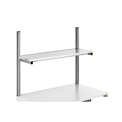 A white shelf with two levels and silver support pillars, against a white background.