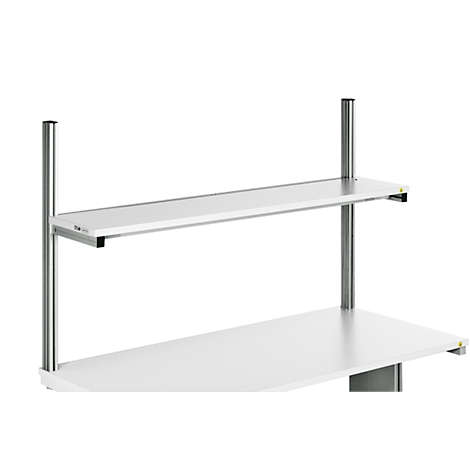 A white shelf with two levels and metal supports against a light background.