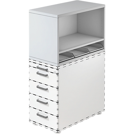 White cabinet with drawers and open compartment. Black handles on drawers, dashed lines on edges.