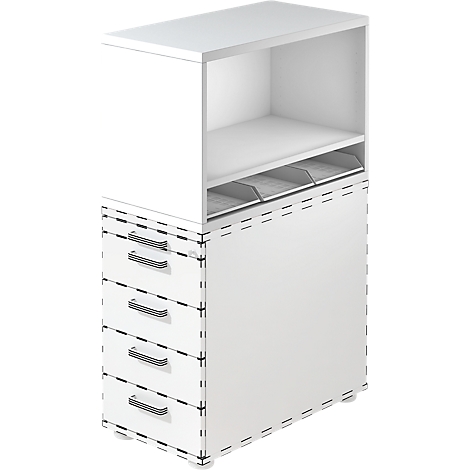 White office shelf with drawers and compartments. On one side there are four drawers, above a shelf and an open compartment.
