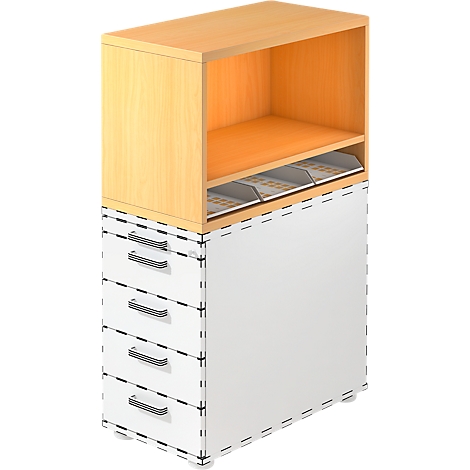 Cabinet with drawers and shelves. Light wood structure at the top, white with drawers, black handles.