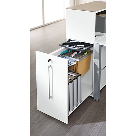 White office cabinet with an open drawer, showing file folders, pens and papers.