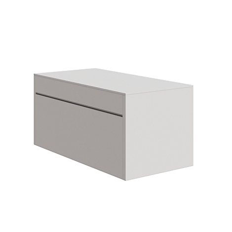 A gray, rectangular cabinet with a horizontal handle.