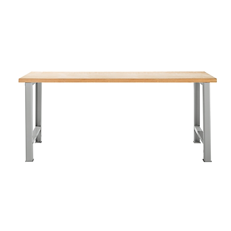 Een werkbank met een lichtbruin houten blad en grijze metalen poten. De bank staat geïsoleerd tegen een witte achtergrond.