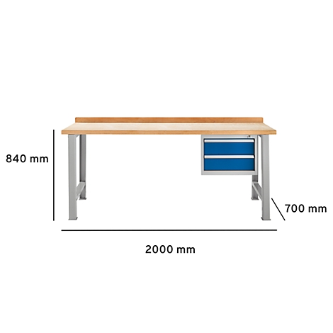 Werkbank met houten blad, grijze poten en blauwe lades. Afmetingen: 2000x840x700 mm.