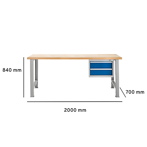 Werkbank met houten werkblad, metalen poten en twee blauwe lades. Afmetingen: 2000 x 840 x 700 mm.