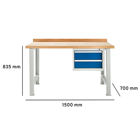 Werkbank met houten blad, metalen poten en blauwe lades, afmetingen: 1500x700x835 mm.