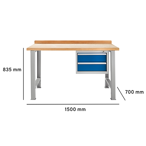 Werkbank mit Holzplatte und blauen Schubladen. Maßangaben: 1500 mm x 700 mm x 835 mm.