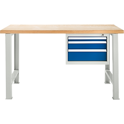 Werkbank mit Holzplatte, grauen Beinen und blauem Schubladensystem.