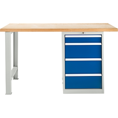 Werkbank met houten blad, metalen poten en blauwe laden.