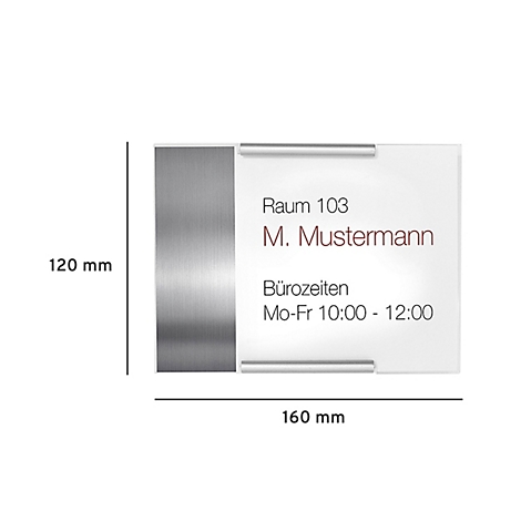 Rectangular door sign with room number, name, and office hours. Grey-silver and white color scheme. Dimensions: 120 x 160 mm.