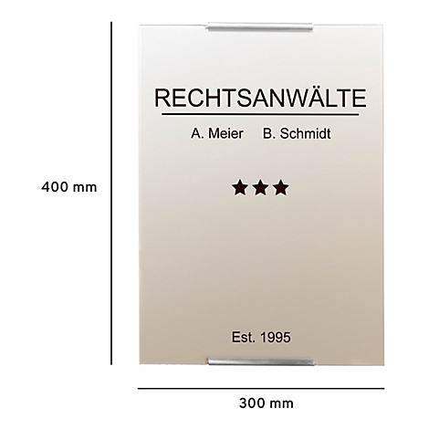 Lawyer sign with names, stars and dimensions. Beige plate, silver holder. Text: RECHTSANWÄLTE, A. Meier, B. Schmidt, Est. 1995.