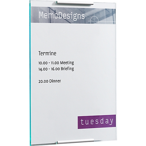 Clear rectangular whiteboard with appointments and "Tuesday" in purple. "MemoDesigns" at the top.
