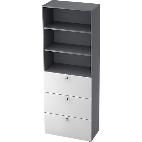 Grey and white shelf with open shelves and drawers. Gold-colored knobs on the drawers.