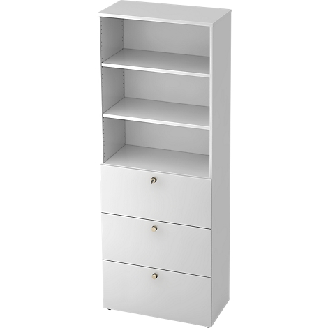 White bookcase with open shelves above and drawers below; gold-colored knobs.