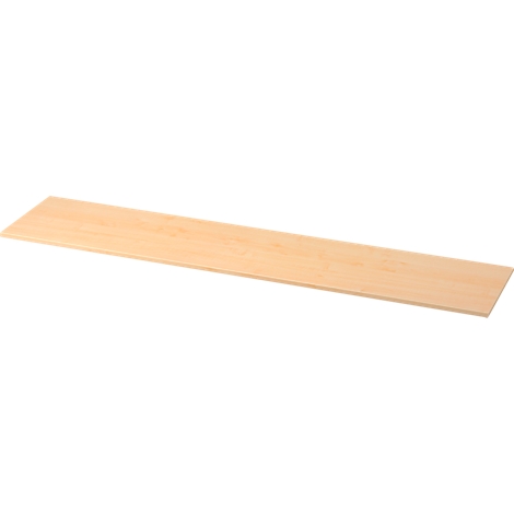 Long, light brown wooden board with grain. Photographed from a slightly elevated perspective.