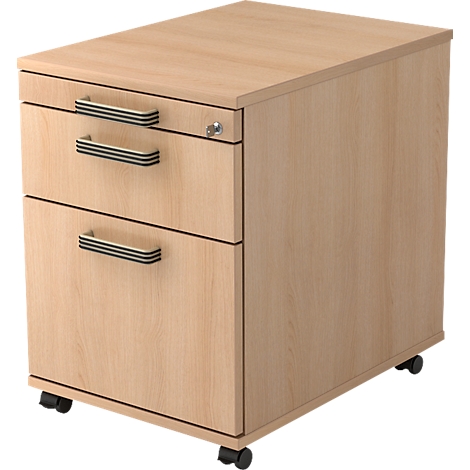 Beige mobile pedestal with three drawers and black handles, standing on castors.