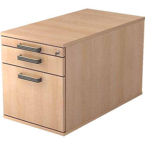 Light wood rolling cabinet with two drawers and silver handles.