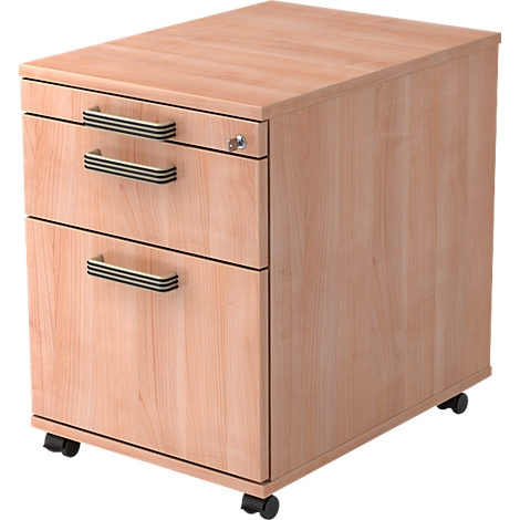 Light brown, rolling office cabinet with two drawers and a lock.