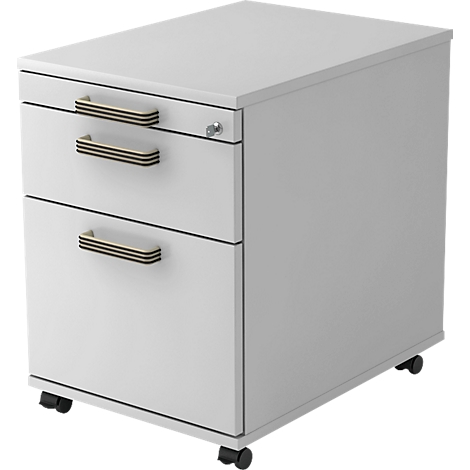 White mobile pedestal with three drawers and gold-colored handles. Black wheels.