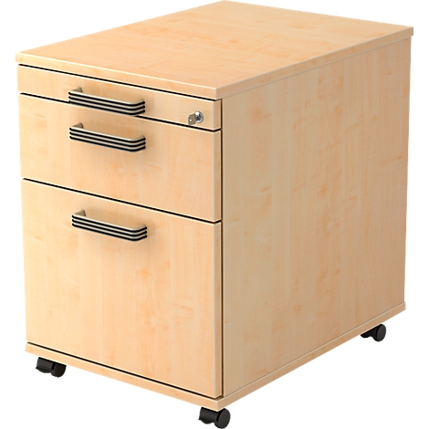 Beige mobile pedestal with two drawers and handles. On castors.