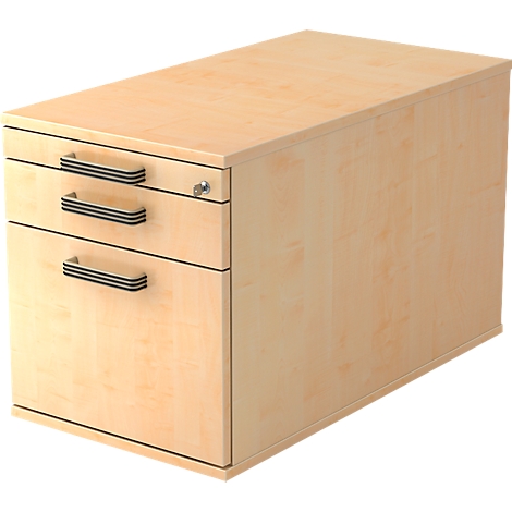 Light brown, rectangular mobile pedestal with three drawers, silver handles, and a lock.