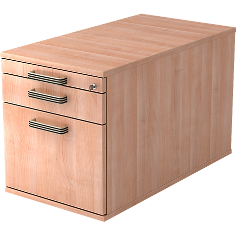 A light wood cabinet with two drawers, door handles and a lock.