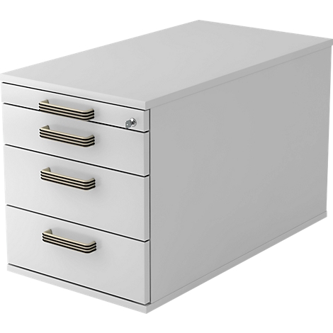 White office cabinet with three drawers and wooden handles. On the right a smooth white side. A keyhole on the top right.