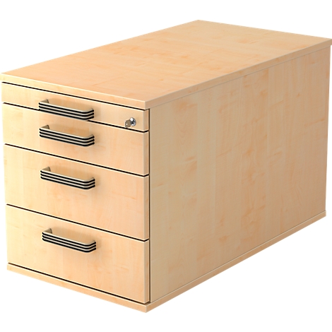 Light brown wooden mobile pedestal with three drawers, black handles and lock.
