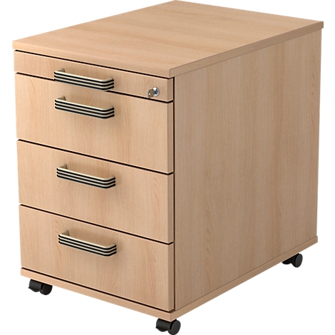 Beige wooden pedestal with three drawers and castors.