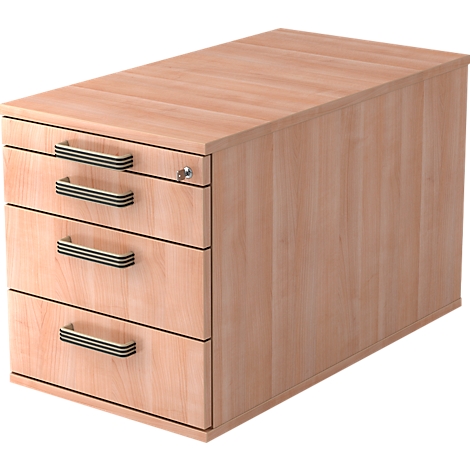 A wooden office cabinet with three drawers. The handles are black with silver accents. There is a keyhole at the top.