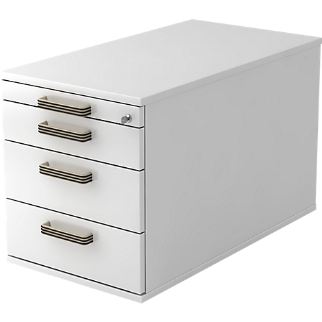 White office cabinet with three drawers and golden handles. A lock is on the right side.