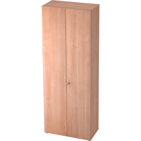 A light-colored wooden cabinet with two doors. A small handle is centered.