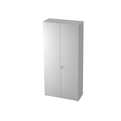 A grey cabinet with two doors and a small knob in the middle, against a white background.