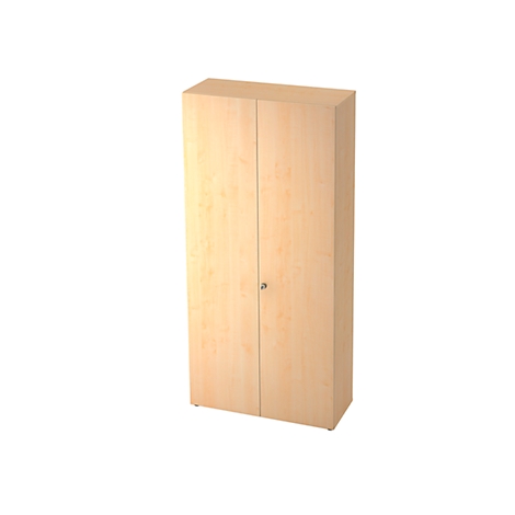 A tall wooden cabinet with two doors, light brown surface, door handle and key in the middle.
